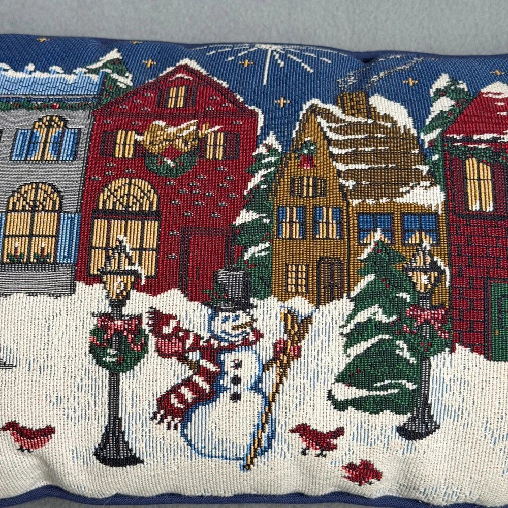 Christmas Winter Village Tapestry Lumbar Pillow Snowman Houses Navy Blue 23x11